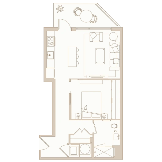 One-bedroom apartment layout with open concept kitchen, living room, and balcony access