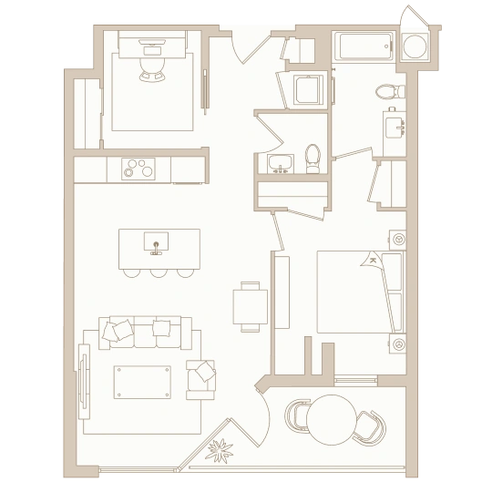 Compact layout with two bedrooms, integrated living-kitchen space, and balcony for outdoor relaxation