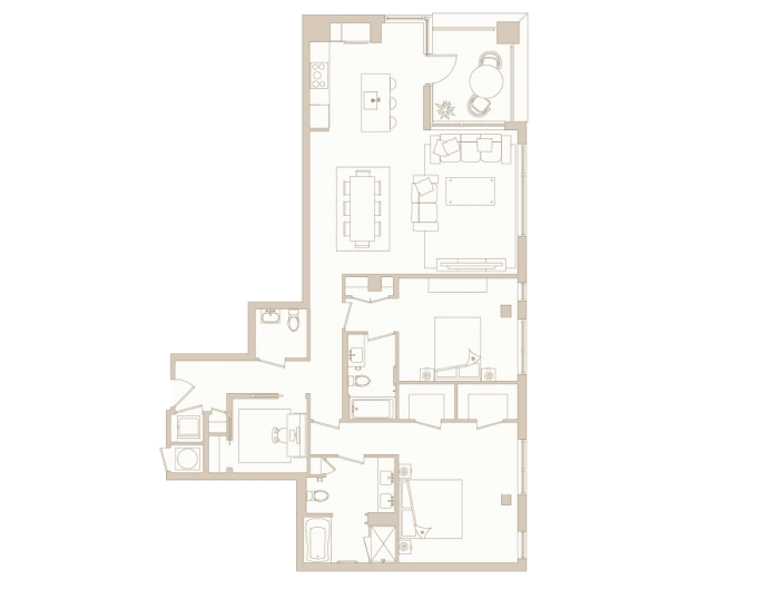 Long, narrow apartment floor plan with three bedrooms and centrally located open kitchen-living area