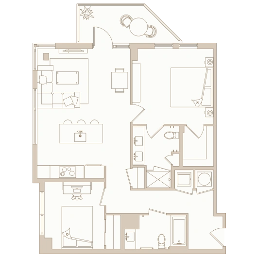 Two-bedroom apartment layout with entryway hallway, open kitchen island, and patio dining nook