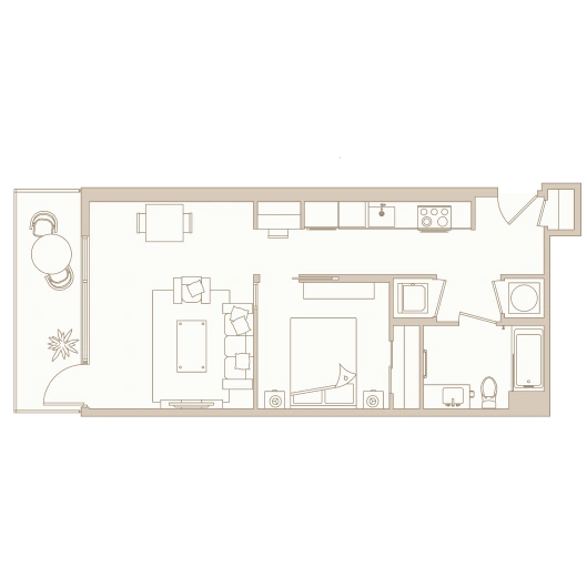 Studio apartment floor plan featuring open kitchen, living area, and private patio space
