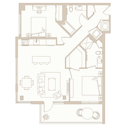 Compact two-bedroom apartment layout with angled hallways, corner balcony, and open living area