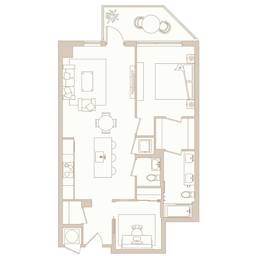 Efficient two-bedroom apartment floor plan with central kitchen, dual baths, and private patio seating