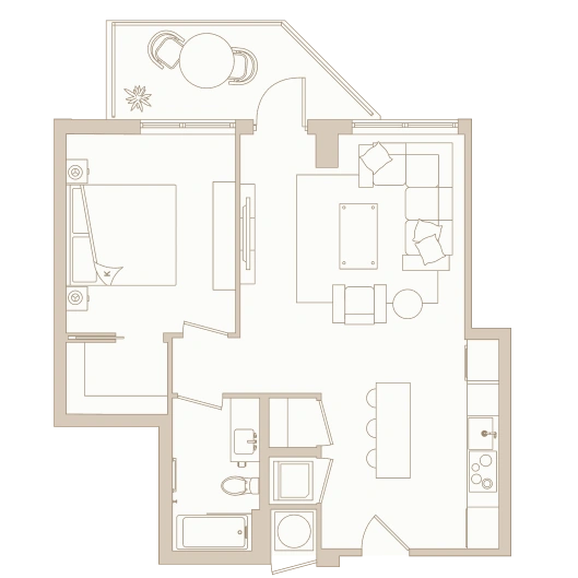 One-bedroom apartment layout with large open-concept living, kitchen island, and outdoor balcony area