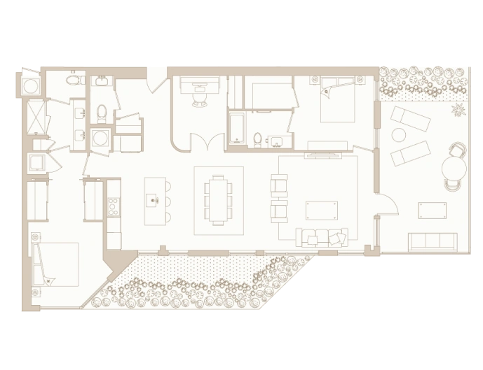 Rectangular apartment layout with two bedrooms, large patio, garden space, and central living area