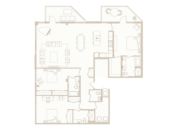 Spacious three-bedroom apartment layout with open kitchen, dining area, and two full bathrooms