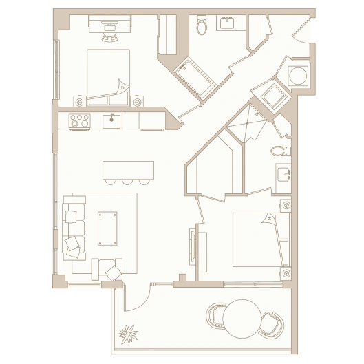 Corner-unit apartment design with two bedrooms, walk-in closets, and open-concept living space