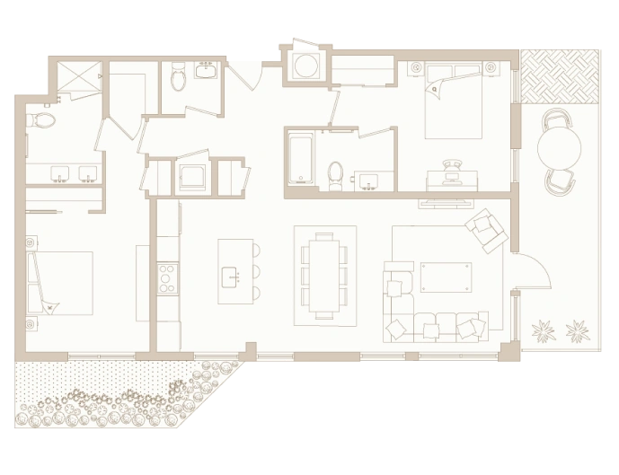 Two-bedroom apartment floor plan with large kitchen, dual bathrooms, and private outdoor patio