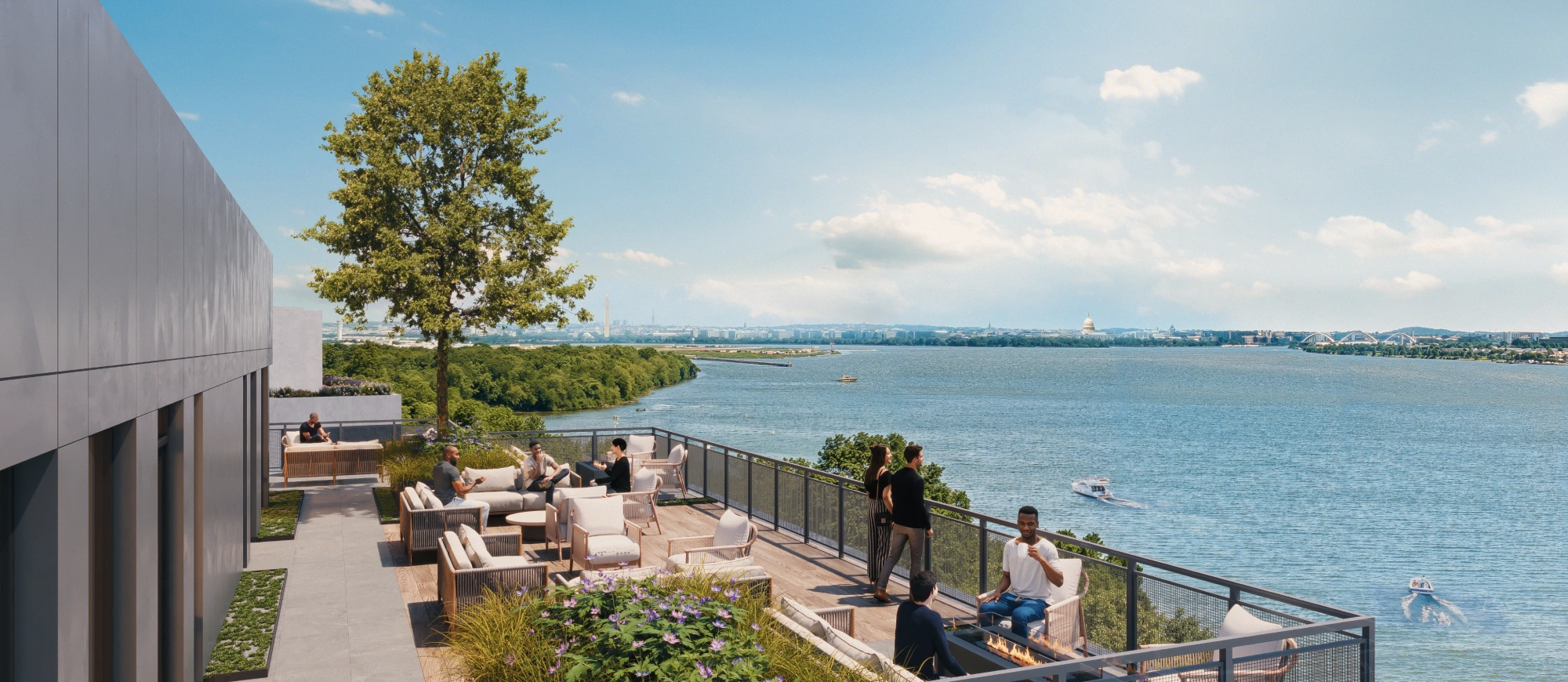 Rooftop terrace lounge with outdoor seating and panoramic views of Washington, D.C. landmarks