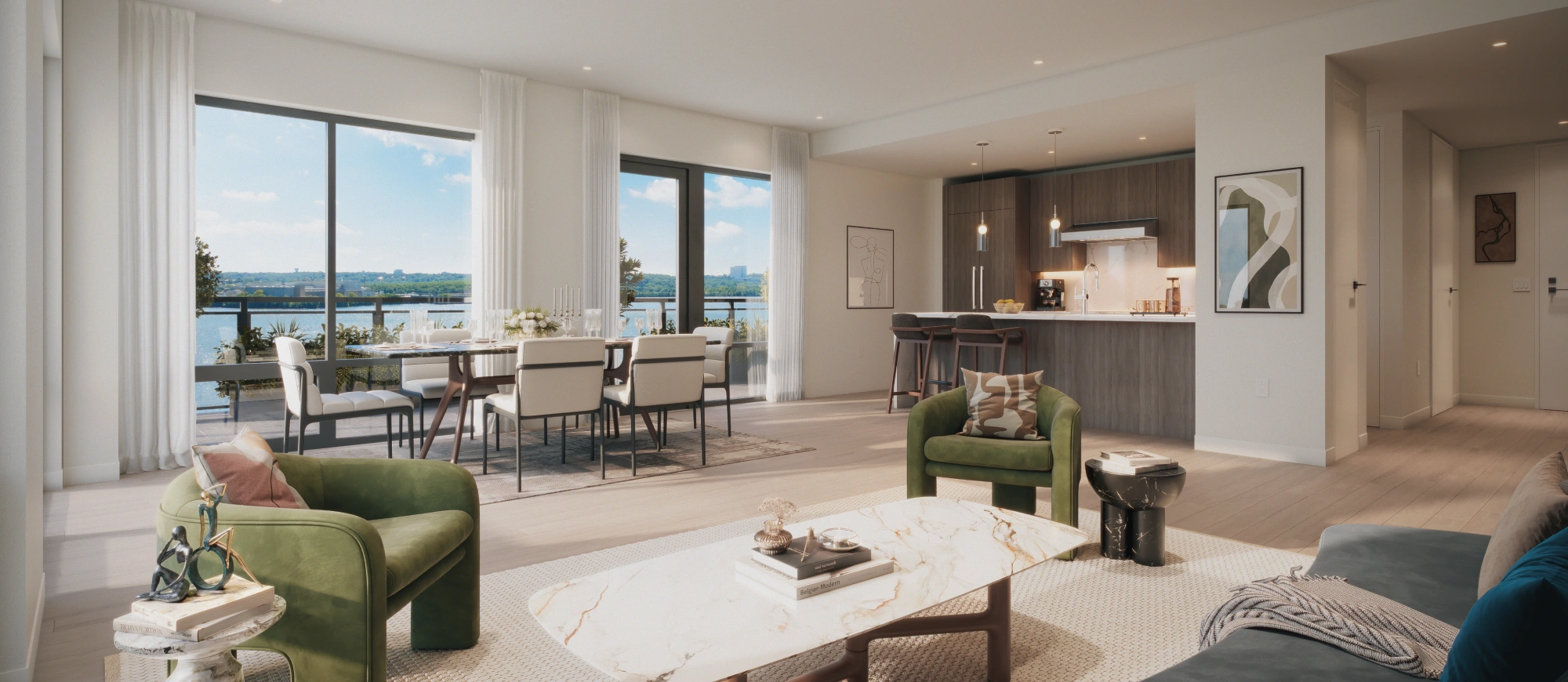 Open-concept luxury apartment with waterfront views, stylish furniture, and floor-to-ceiling windows