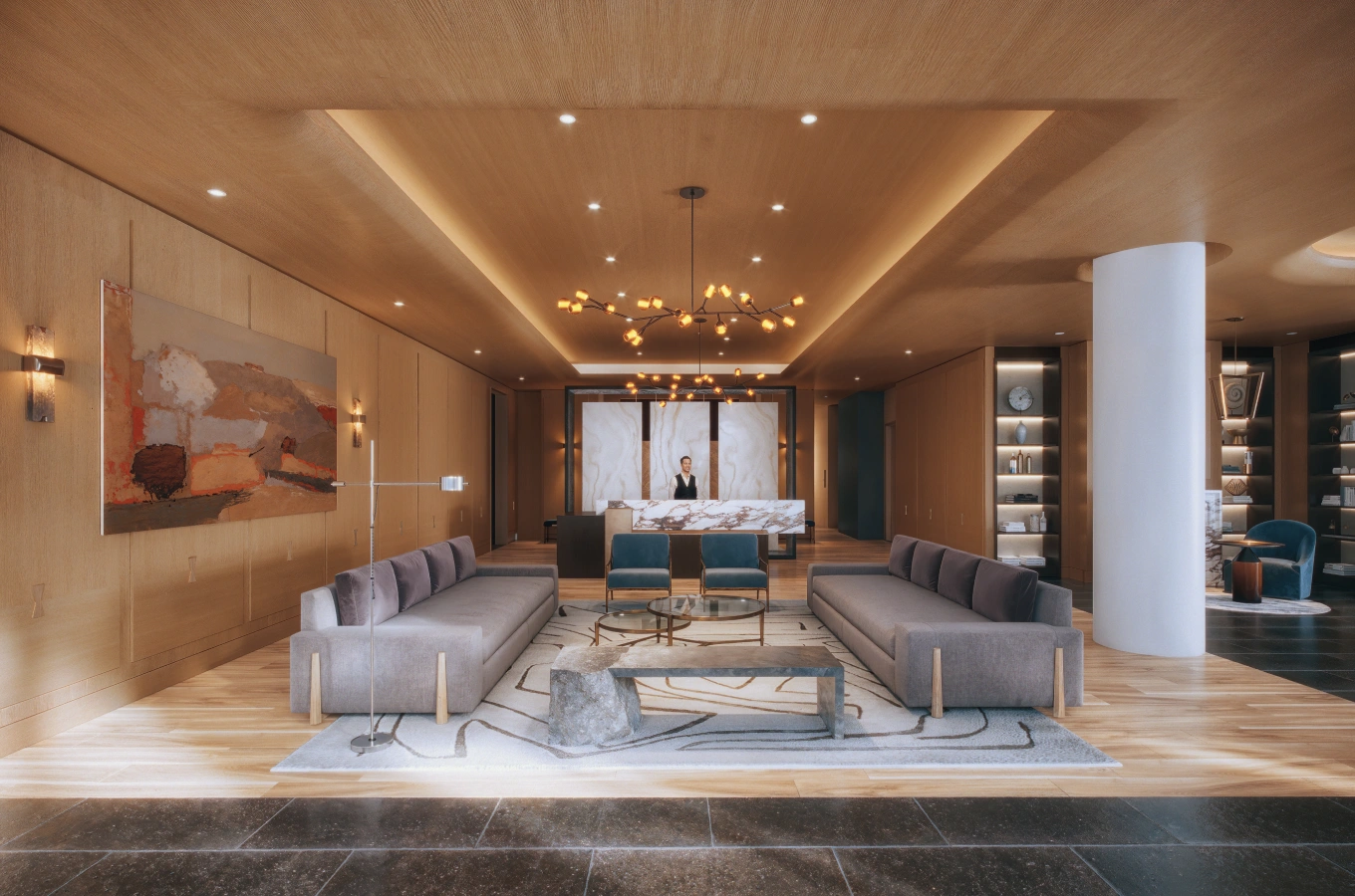 Elegant apartment lobby with plush seating, wood-paneled walls, and ambient lighting