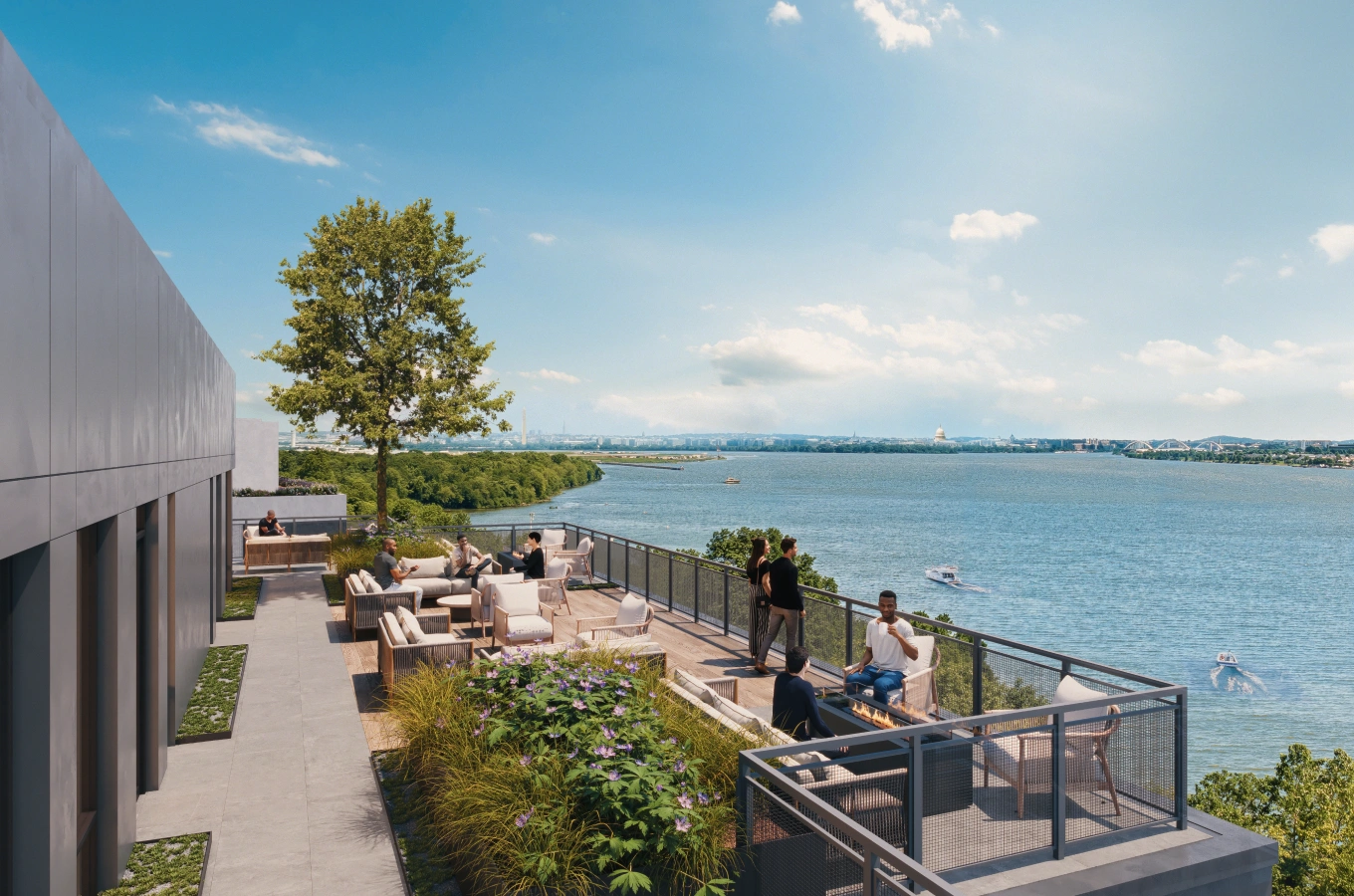 Rooftop terrace with panoramic river views and comfortable social lounge seating