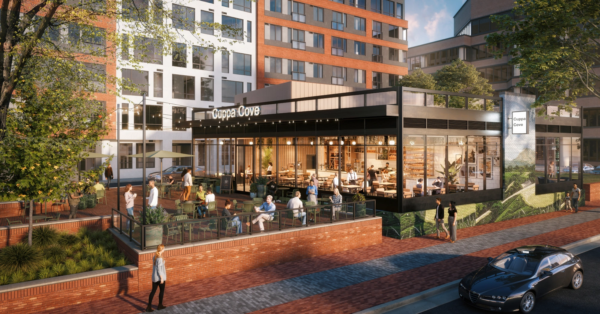 Bustling sidewalk café scene outside Cuppa Cove with patio seating and city backdrop