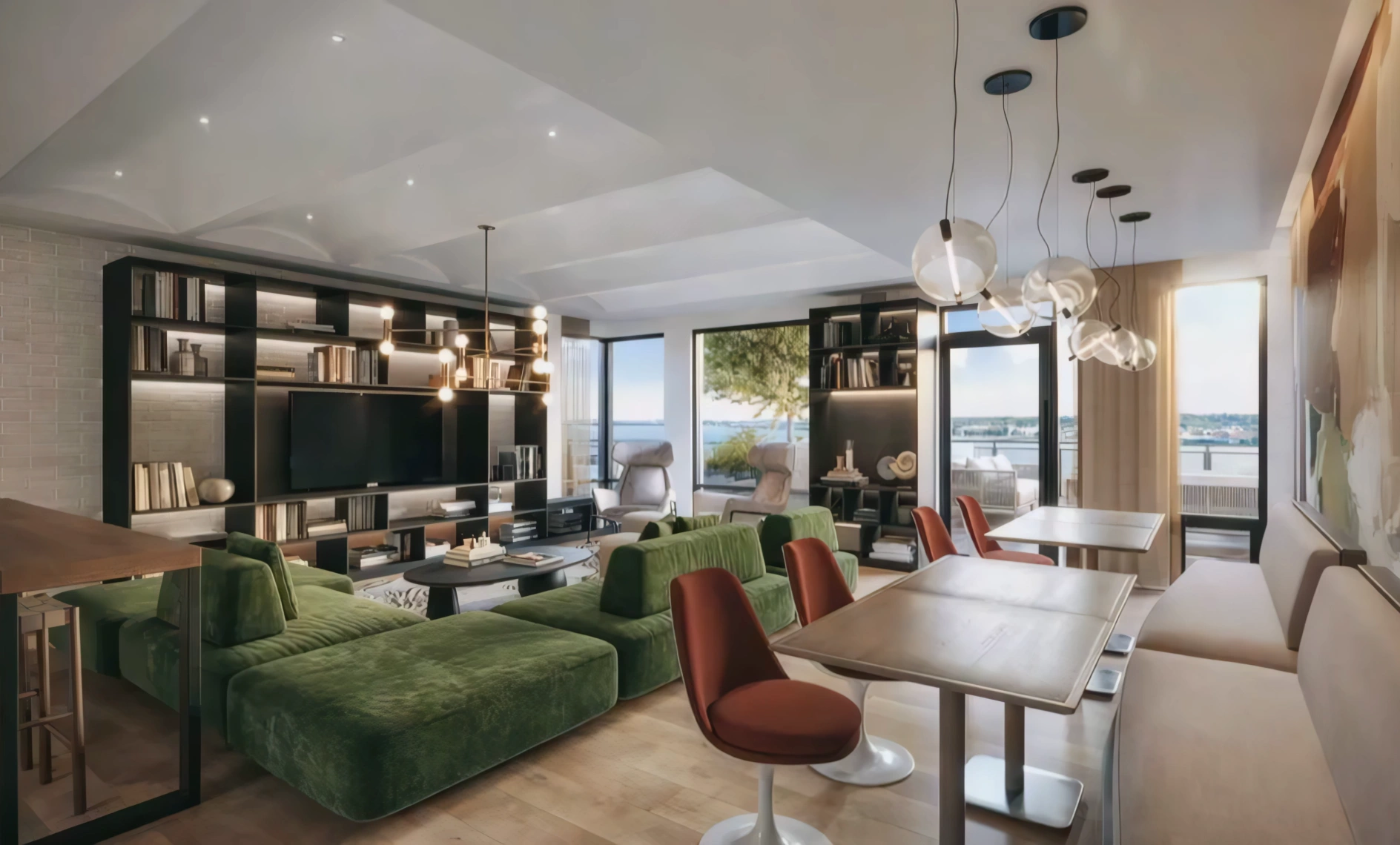 Upscale resident lounge with green velvet sectionals, open shelving, and views of the waterfront
