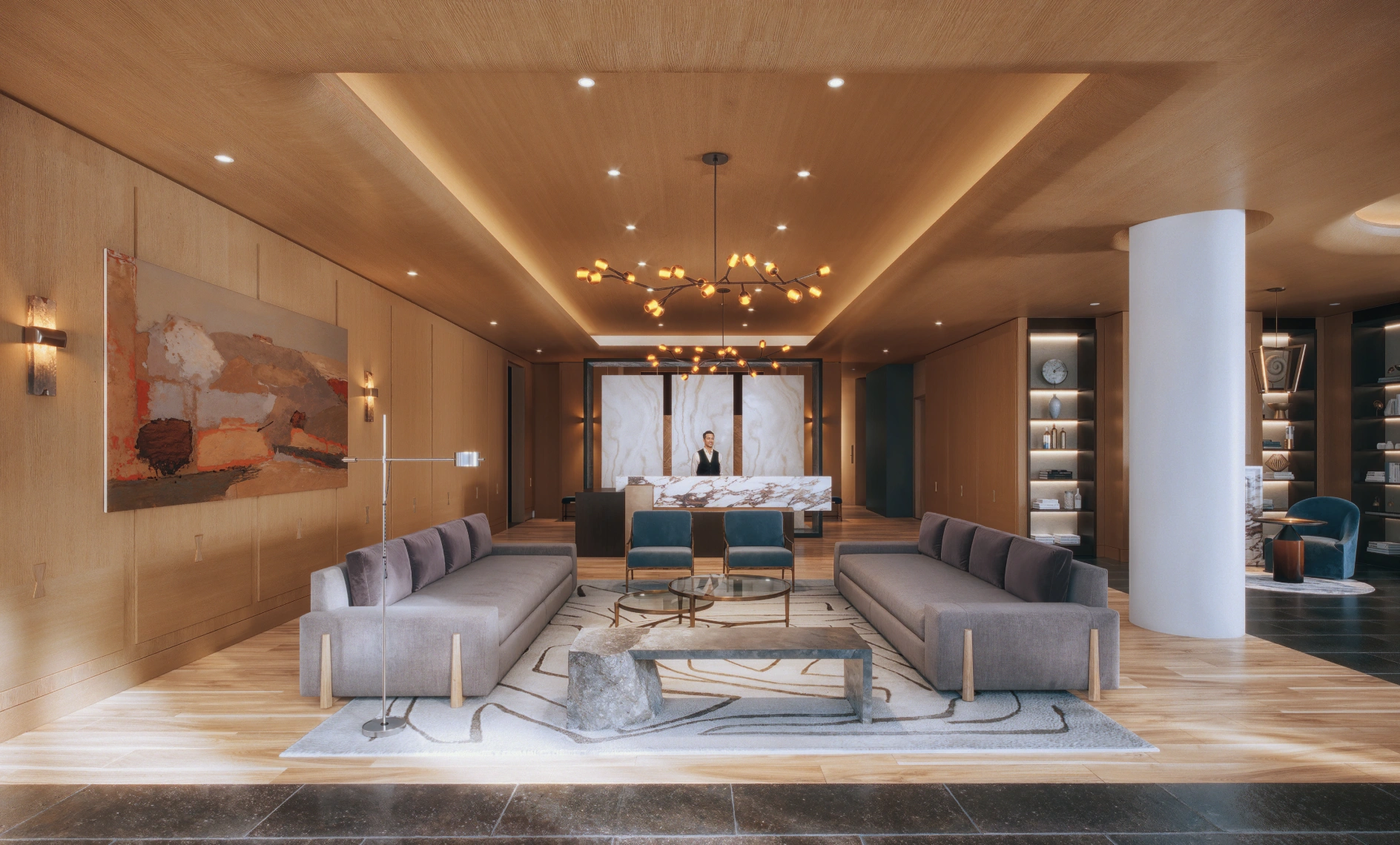 Modern luxury lobby with sleek grey seating, abstract art, and elegant wood-paneled walls
