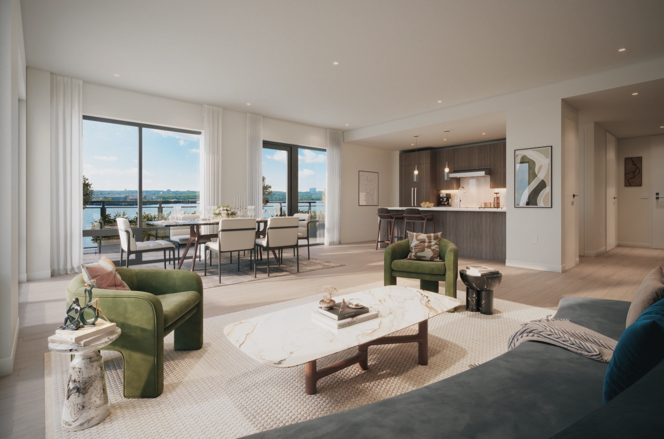 Spacious luxury apartment with green accent chairs, marble table, and water-facing windows