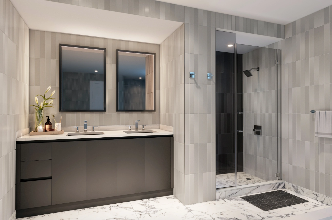 Elegant bathroom with dual vanity, large mirrors, and glass-enclosed rainfall shower design