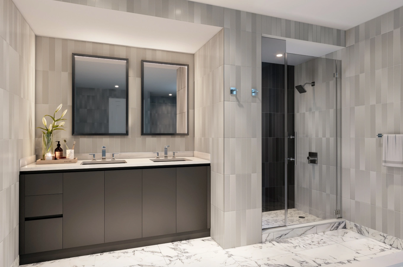 Elegant bathroom with dual vanity, large mirrors, and glass-enclosed rainfall shower design